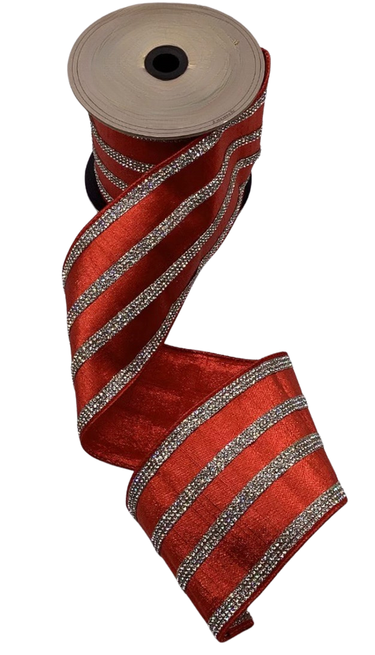 Red Metallic Dupion With Crystal Stripe