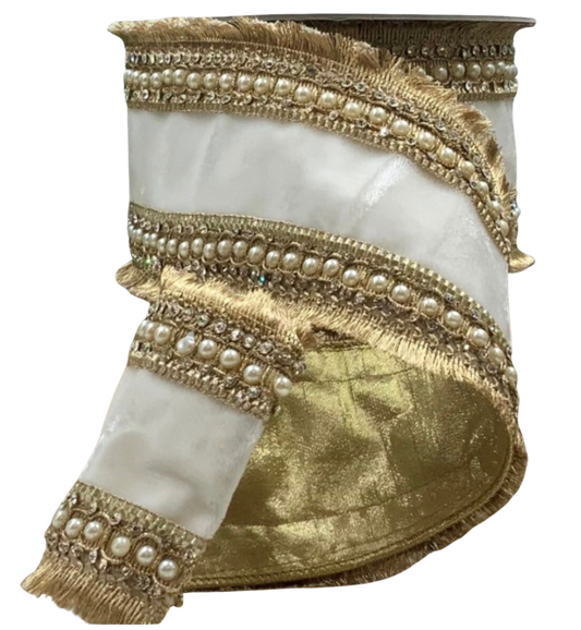 Lux White Velvet Gold Fringe Jewel Trim