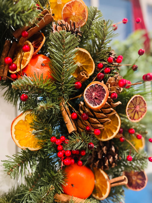 Faux Green Wreath W/Dehydrated Orange Wreath