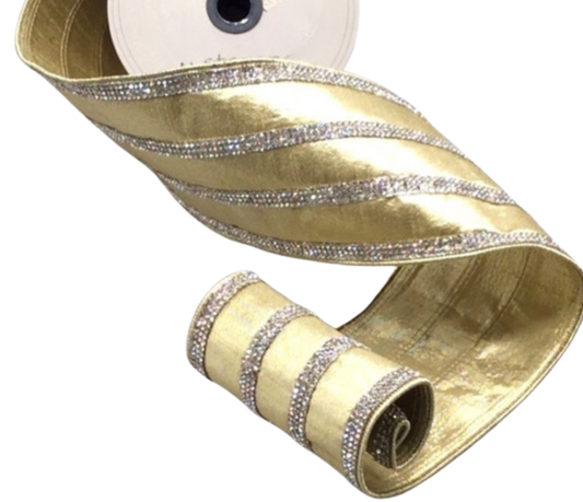 Gold Metallic Dupion Ribbon With Crystal Stripes