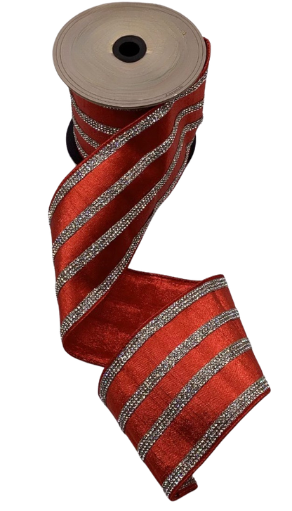Red Metallic Dupion With Crystal Stripe