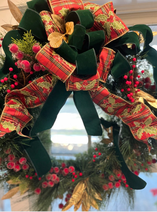 Faux Green Wreath Embroidered Holly Ribbon