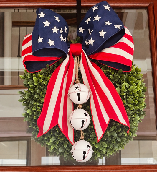 American Flag & Baseball Bells Bow 18”