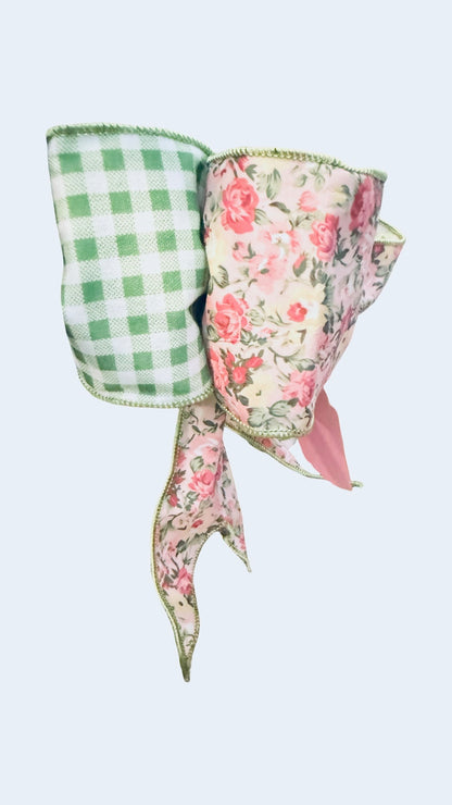 Watercolor Flowers & Green Gingham Bow
