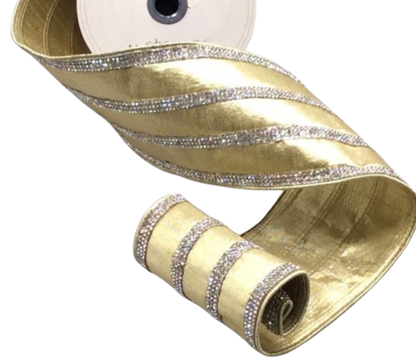 Gold Metallic Dupion Ribbon With Crystal Stripes