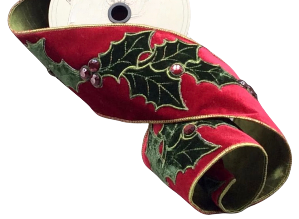 Embroidered Holly Jewel Berry Ribbon/Wreath
