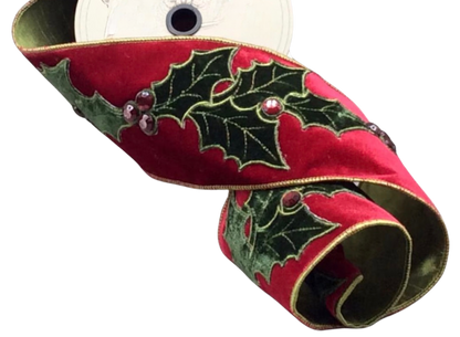 Embroidered Holly Jewel Berry Ribbon/Wreath