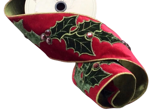 Embroidered Holly Jewel Berry Ribbon/Wreath