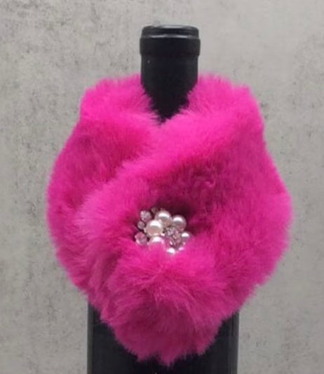 Hot Pink Fur Stole Wine Collar w/ Crystal Brooch